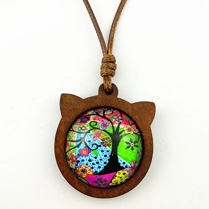 

Jiangzimei 24pcs New Design Cat's head Necklace Wood base with Life Tree 25mm Glass Cabochon Pendant with wax line party gift