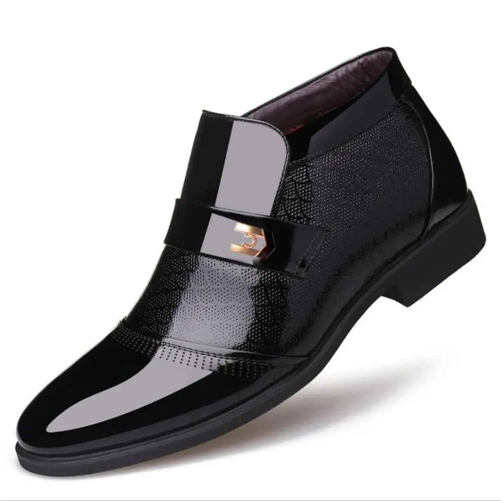 Luxury Patent Leather Business Chelsea Boots Men Winter Ankle Boot Men Thick Artificial Fur Snow Boots Hombre Dress Leather Shoe