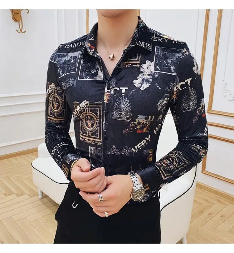 Зимние Бархатные рубашки мужские роскошные Pleuche плед Slim Fit Мужские рубашки размера плюс Королевский барочный мужская одежда Клубные вечерние рубашки - Цвет: A280A-C133