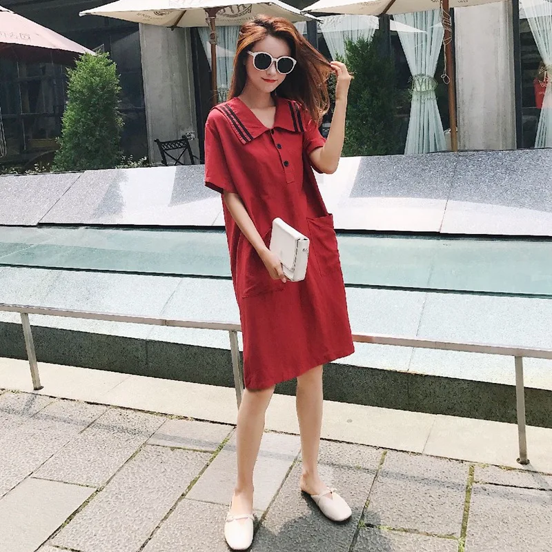 

Photo Shoot INS Super Fire College Style Contrast Color Navy Collar GIRL'S Dress CHIC Red Straight-Cut Loose-Fit Dress Students