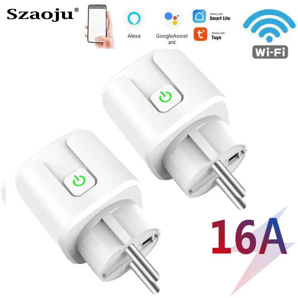 Szaoju EU Tuya WiFi Smart Plug  Adapter Wireless Remote Voice Control Power Monitor Timer Socket for Google Home Alexa 16A 220V