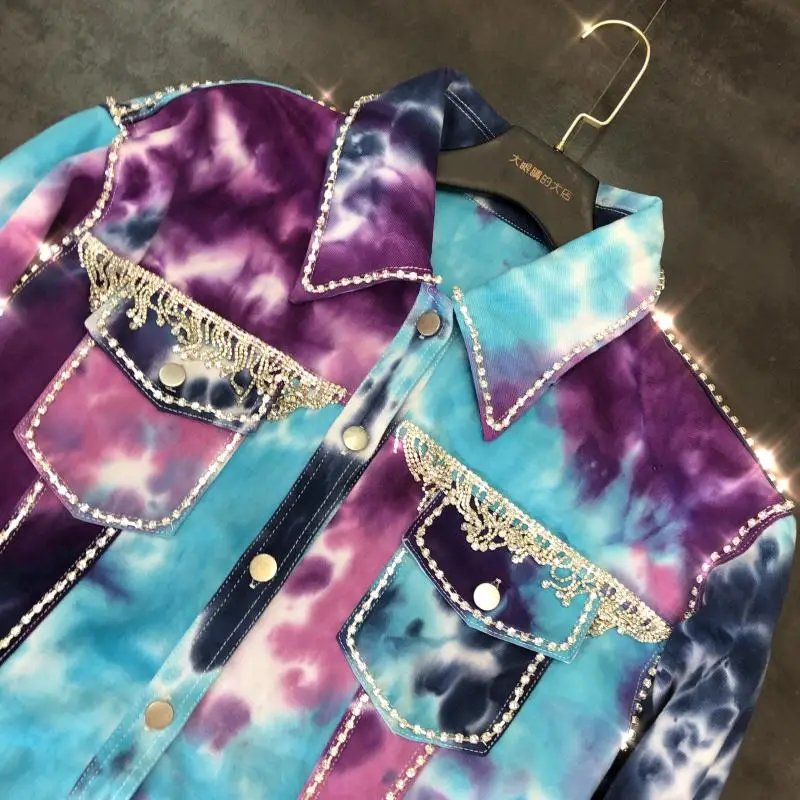 Jacket autumn new rhinestone tassel chain ink ink color coat female