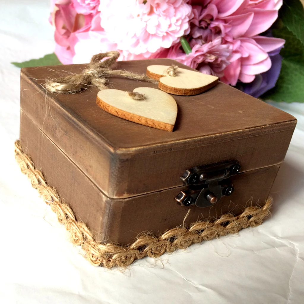 Wedding Ring Bearer Box w/ Heart Decor Wood Display Jewelry Ring Holder Case