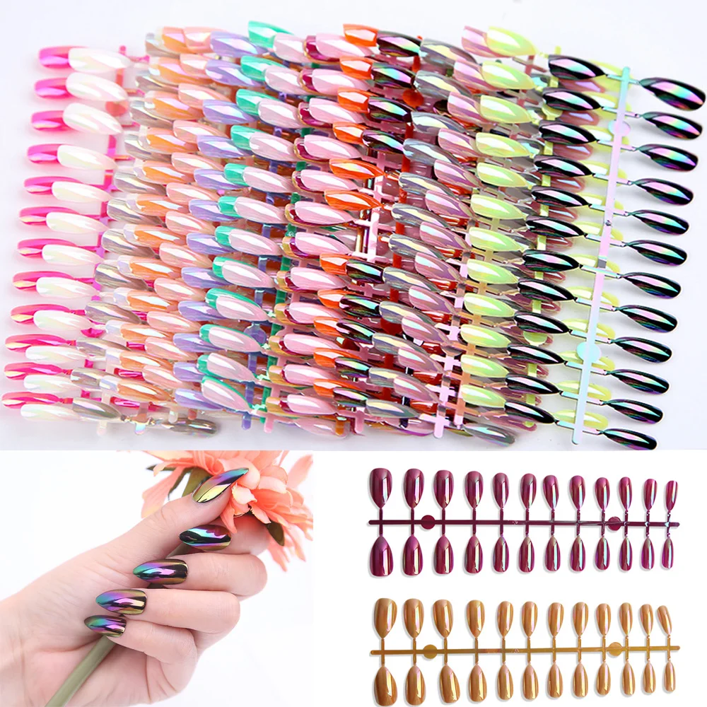 

24Pcs Women Makeup Shiny Metallic False Nails Full Cover Stiletto Coffin Fake Nails ABS Artificial Tips Nail Art Decorations