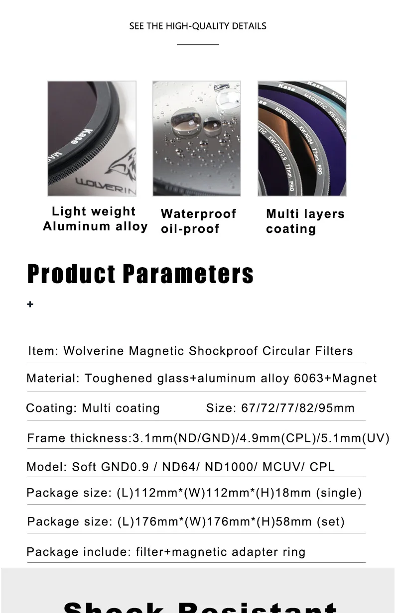 Kase Wolverine Series 67 72 77 82 95 мм магнитный комплект CPL+ ND1000+ GND0.9+ чехол+ кольцо