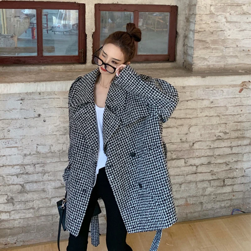 

autumn winter woolen coat Women Mid-Long New Korean Style Outerwear Slim Waist woolen coat with belt female ka1030
