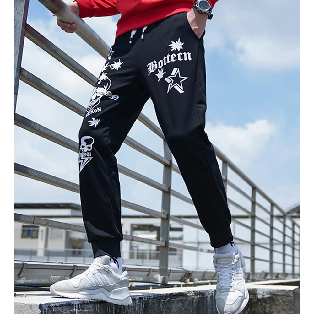 Men's Autumn Stretchy Wear Esistant Joggers Pant Fashion Printing Wide Leg Loose Drawstring Clothing Elastic Sports Harem Pants