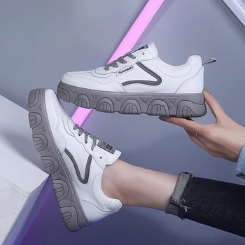

Women Platform Sneakers Ulzzang Fashion White Chunky Casual Shoes Ladies Spring Leather Walking Lace Up Flats Vulcanized Shoes
