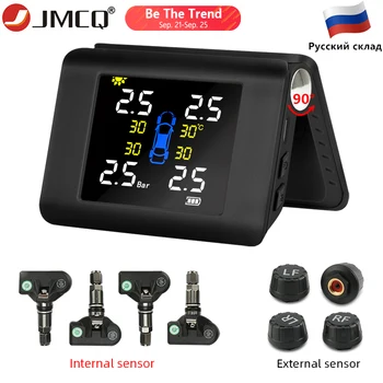 JMCQ TPMS Solar Power Tyre Pressure Monitoring System with 4 Sensors LCD Real-time Display Car Tire Pressure Auto Alarm System careud t801 nf auto car tpms tire pressure solar panel monitoring system with 4 internal sensors