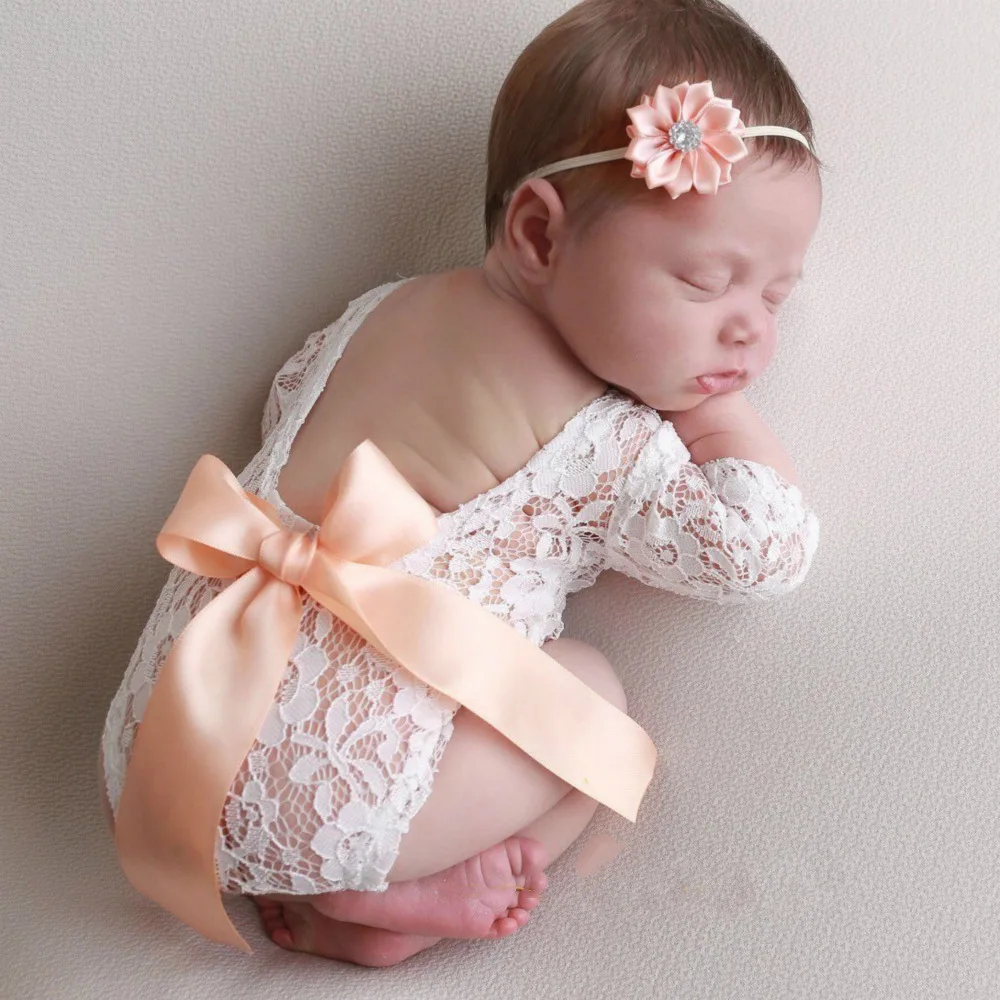 Newborn Baby Girl Lace Romper Jumper Photography Props Bow Back Jumpsuit BM 