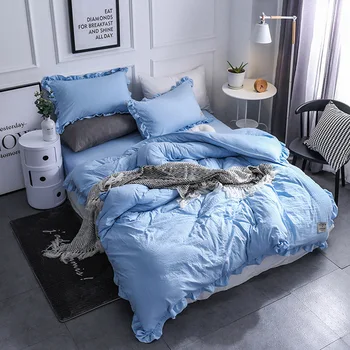 

(45)Sky blue bedding set soft washed cotton duvet cover set 4pcs/set home bed solid linen set freshness bedclothes Adult
