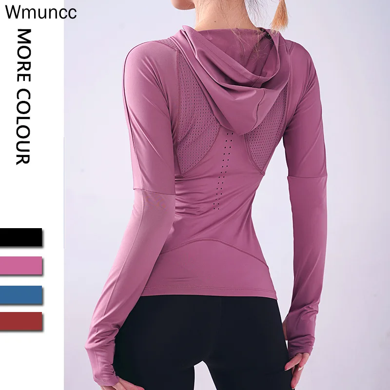 

Wmuncc Women Long Sleeves Sport Running Yoga Shirts Hooded Slim Fit Sweatshirt Coat Fitness Quick-drying Training Workout