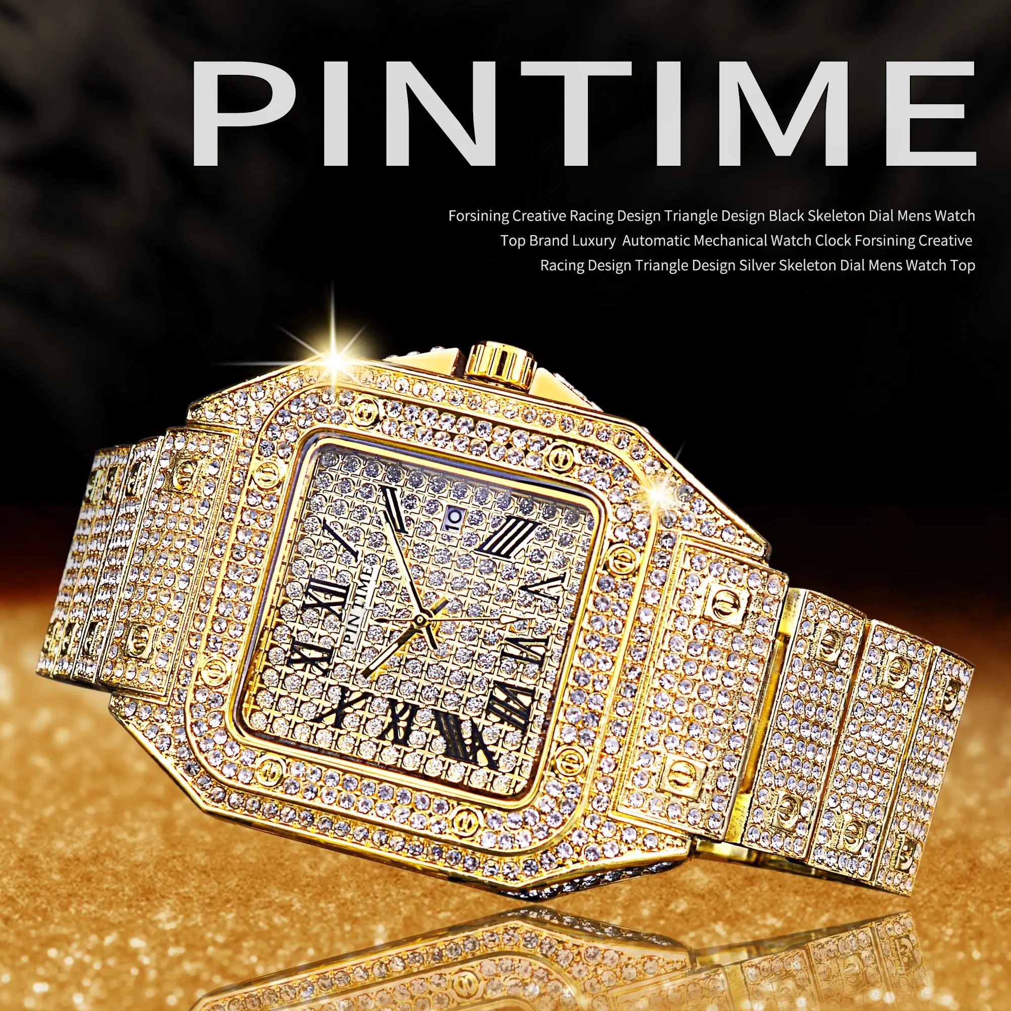 Pin Time Diamond Men Quartz Watch Luxury Golden Wristwatch Waterproof Outdoor Watches With Luminous Hands Fashion Gift For Man