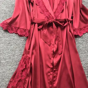 

2pcs/set Bridal Solid Lightweight Long Ladies Elegant Lace Wedding Sexy Half Sleeve Waist Tie Bath Night Soft Silky Women Robe
