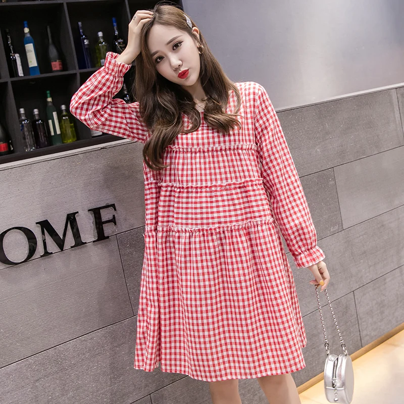 Red Plaid Maternity Dresses Vintage Loose Pregnancy Dress Casual Korean Pregnant Dress New Spring Autumn Clothes for Pregnant