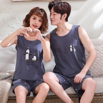 

6535 Cotton Couples Lovers Vest Pajamas Man's & Woman's Sleepwear Loose Sleeveless Vest Pyjamas Boy Girl Undershirt Jams HDE