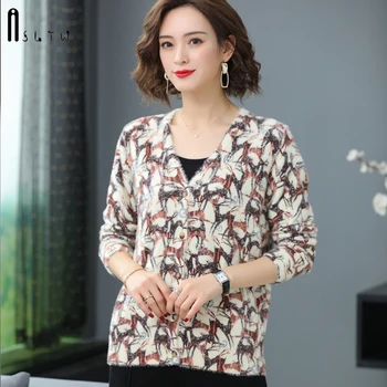 

ASLTW Print Cardigan Women New High Quality Single-breasted Cardigan Soft Mink Cashmere Jumper V Neck Warm Sweater Women