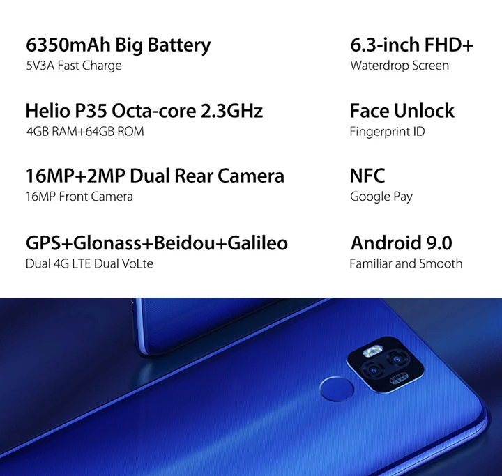 Смартфон Ulefone power 6, Android 9,0 Helio P35, четыре ядра, 6350 мАч, 6,3 дюйма, 4 ГБ, 64 ГБ, 16 МП, face ID, NFC, 4G, LTE, мобильные телефоны