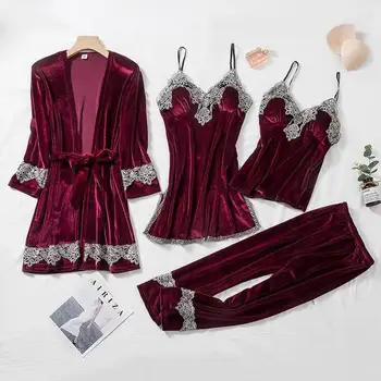 

Pajamas Women's Autumn Gold Velvet Four-Piece Suit Long Paragraph Robe Harness Set with Chest Pad Velvet Autumn Lady Home Suits