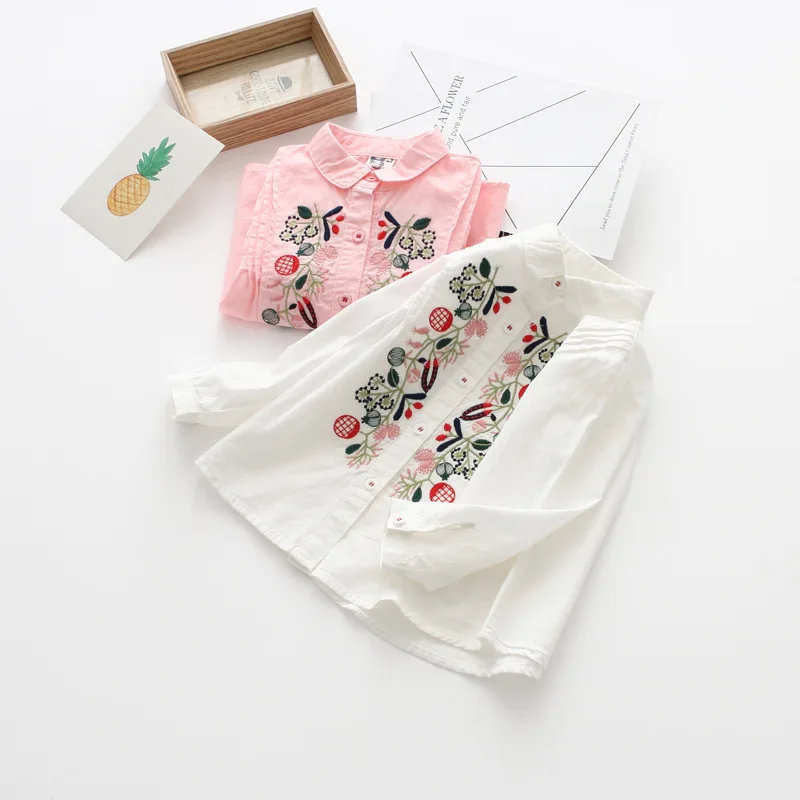 

Flower Embroidered Pinch Pleated CHILDREN'S Shirt 19 Spring Korean-style Fold-down Collar Child Shirt Childrenswear 10230
