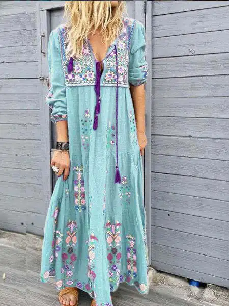 Stylish Drawstring Lace Long Sleeve Dress Bohemian Flower Printed Fashion Long Dresses Big Size 5XL 2020 New