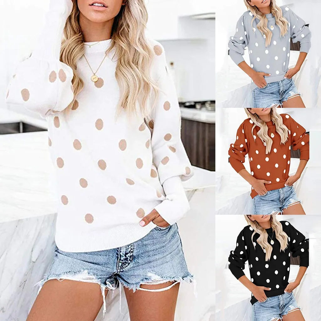 

Fashion Womens Ploka Dot Sweaters Autumn and Winter Pullover Tops Lantern Sleeve O Neck Sweater Knit Pullover Causal Sweatshirt