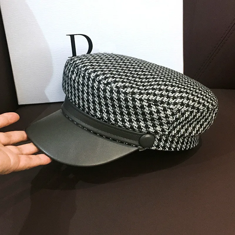 JIN-Swhbias Octagonal Cap for Women Plaid leather Visors Newsboy Cap New Vintage Autumn Winter Berets Ladies Hat