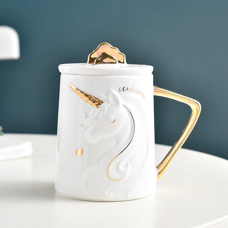 Великолепная рельефная кофейная кружка с единорогом и держателем для мобильного телефона, с крышкой, милый керамический стакан для чая, молока, завтрака, креативный подарок - Цвет: Glod