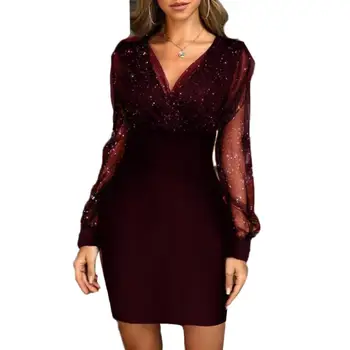 

Hot Women Front Crossing Wrapped V Neck See Through Sleeve Mini Dress