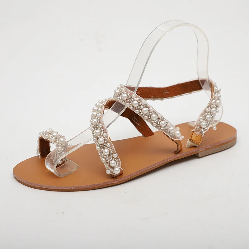

2019 Women Summer Sandals Fashion Pearl Bohemia Ladies Sandals String Bead Womens Sandals Flat Flip Flops Sapatos Feminino 36