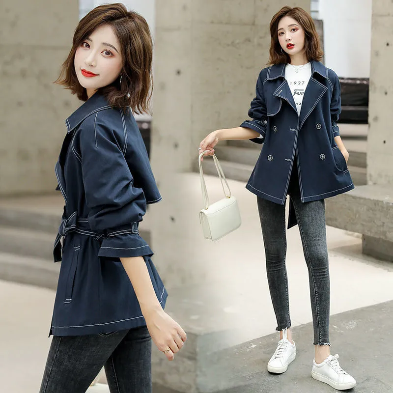 Windbreaker Women's Short Outwear2020 Autumn New Korean Style Loose Casual British Style Belt All-match Student Trench Coat Y542