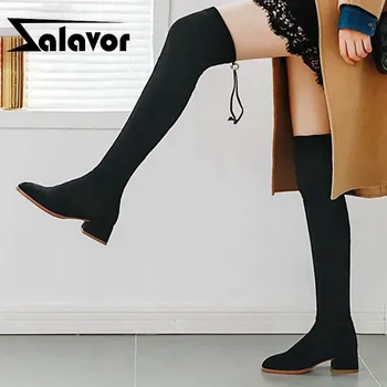 

ZALAVOR Square Heel Women Over The Knee High Boots Fashion Solid Lacing Stretch Botas Casual Party Ladies Footwear Size 34-40
