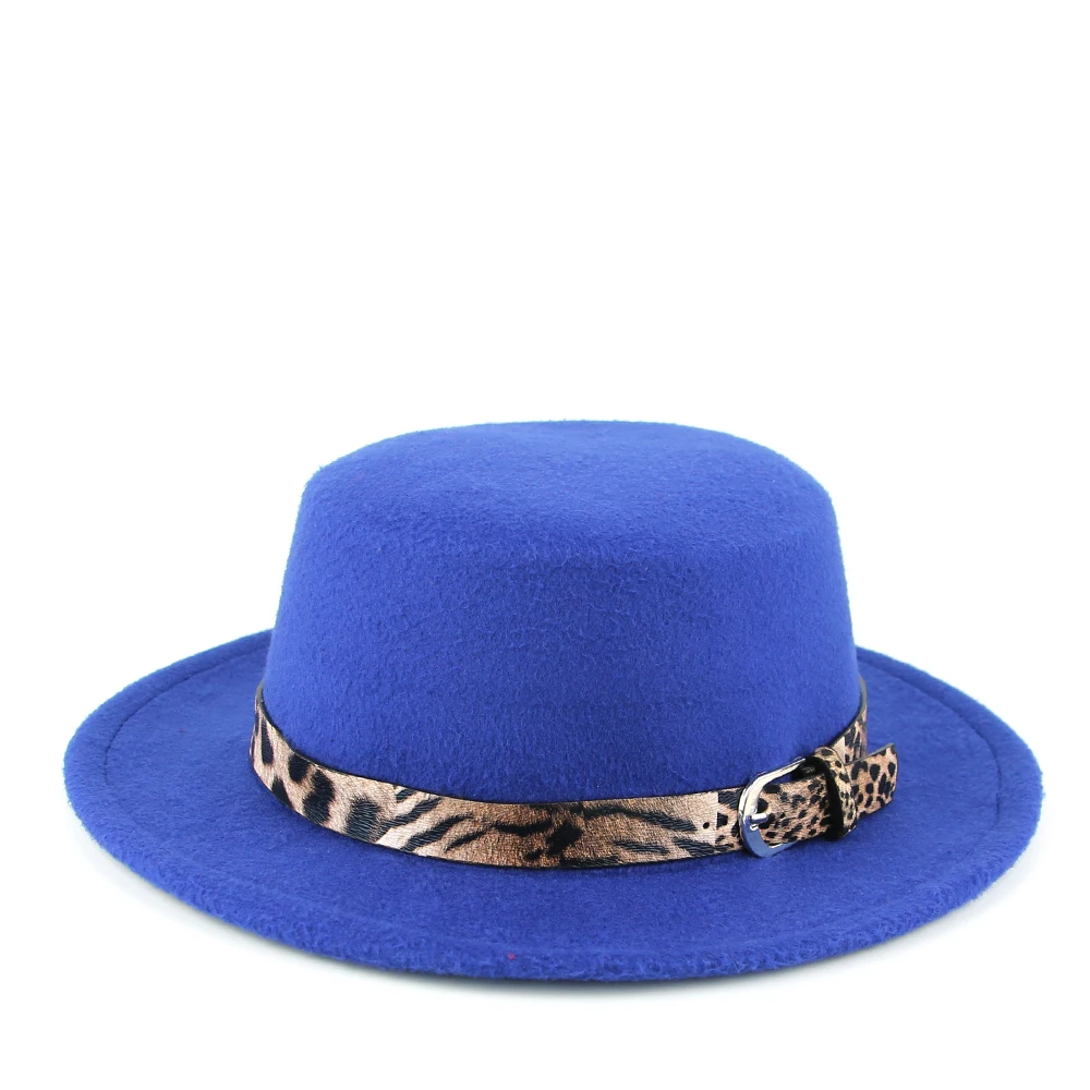 blue Женская Фетровая Шляпа Fedora, зимние шапки с широкими полями, Осенние леопардовые полосатые модные церковные женские шляпы с имитацией шерсти, Мужские фетровые шляпы - Цвет: blue