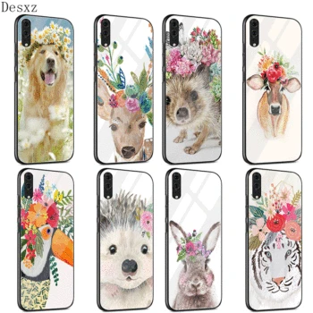 

Case for Huawei P30 P20 P Smart P10 Y6 7A Y9 Honor 8X 9 10 Mate 20 Pro Lite Animal head wearing flowers hedgehog cow dog fox