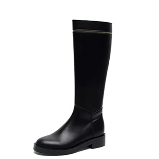 Black high heel women black brown round toe riding block long custom quality shoes chunky fall side zip boots tall equestrian mid calf - Color: Black