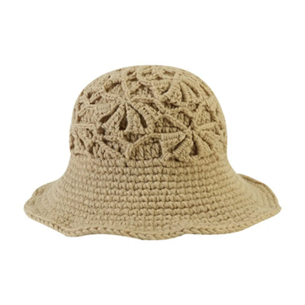 Women Fisherman Hat Hand-knitted Warm Knit Bucket Hats Autumn Japanese Flowers Hollow Out Chic Korean Fashion Outdoor Girl
