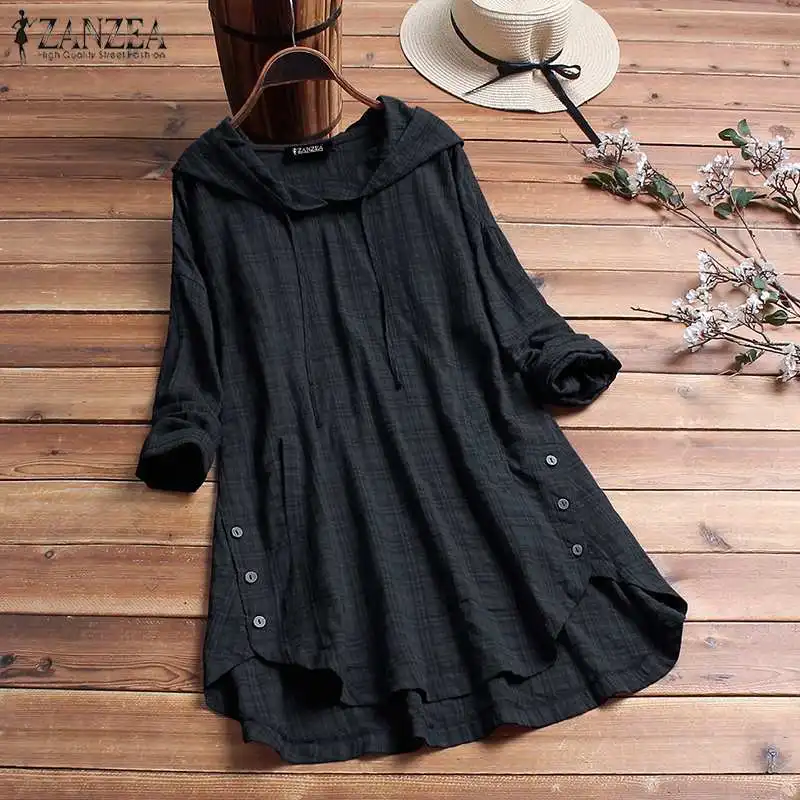 ZANZEA, Женская винтажная клетчатая рубашка, осень, толстовки с длинным рукавом, блузка, Женская Повседневная блуза с капюшоном, сорочка, туника, топы - Цвет: Черный
