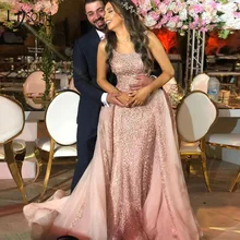Романтический розовый кружевной Русалка Вечерние платья со съемным шлейфом Дубай вышитые бисером вечерние платья на выпускной Vestidos Longo