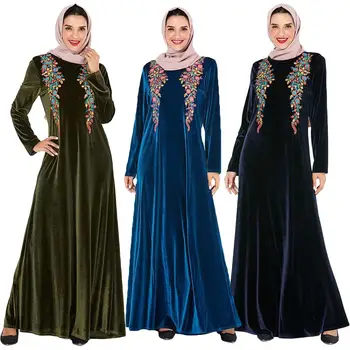 

Velvet Dubai Abaya Dress Women Muslim Embroidery Kaftan Jilbab Vintage Cocktail Islamic Clothing Long Sleeve Middle East Fashion