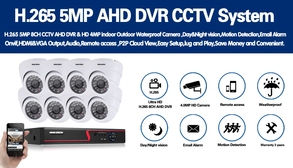 NINIVISION домашняя 8-канальная AHD 1080P 5MP DVR система 4 шт 8 шт HD 4MP AHD купольная наружная HD камера видеонаблюдения ночного видения с ИК-подсветкой