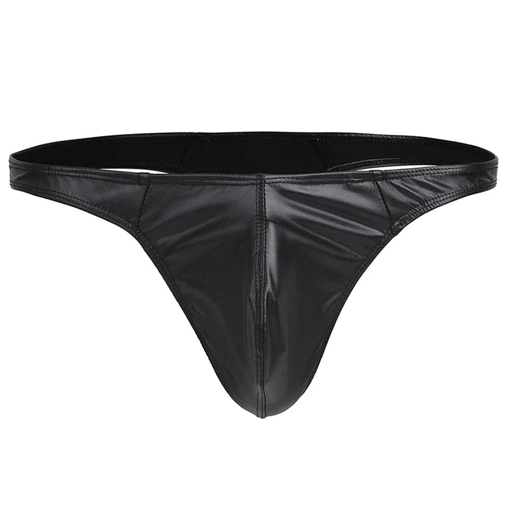 Gay Sexy Underwear Men Pu Leather Low Rise Lingerie Slip Pouch Seamless Black Thong High Quality Solid Color T-Back G-String
