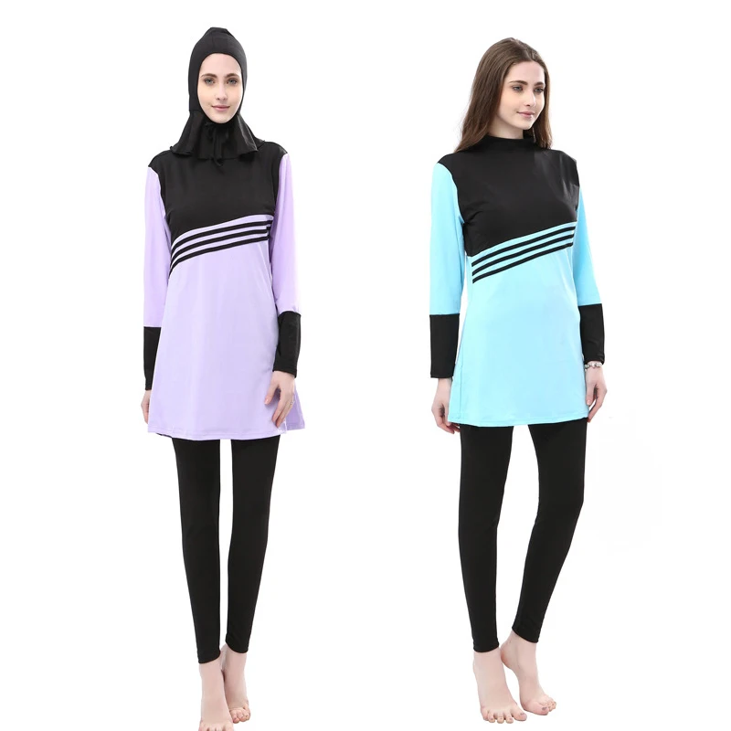 

New Women Muslim Swimsuit Modest Striped 3 Pieces Separated Beachwear Hijab Long Sleeve Patchwork Islamic Swimsuit Plus Size