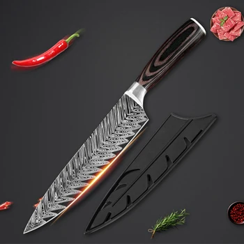 

QING Japanese Cooking Kitchen Knife Laser Damascus Stainless Steel Chef Knife 8 Inch Fishbone Damascus Pattern Cleaver & Wood H