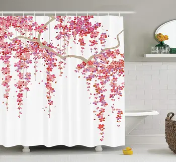 

Flower Shower Curtain Cherry Blossom Trees Branch Springtime Happy Vacation Traveling Destinations Bathroom Decor Set with Hooks