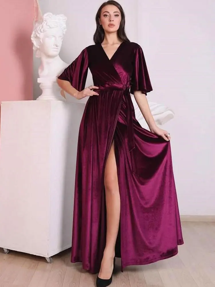 

Elegant V-Neck A-Line Floor Length Roffle Half Sleeve Splited Pleated Satin Evening Formal Prom Party Dress