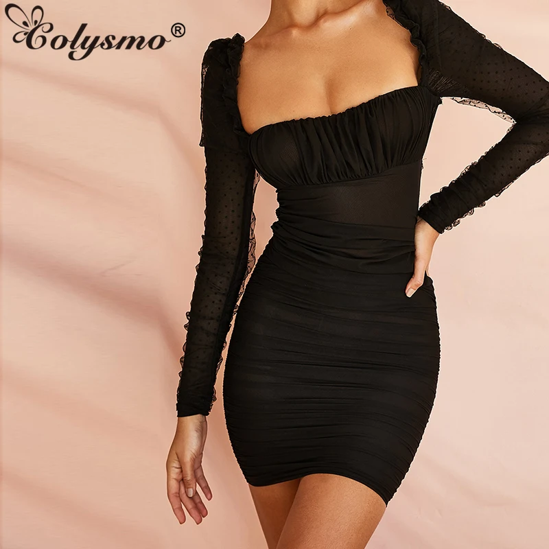 Женское Сетчатое платье в горошек с квадратным вырезом и длинным рукавом|Платья|