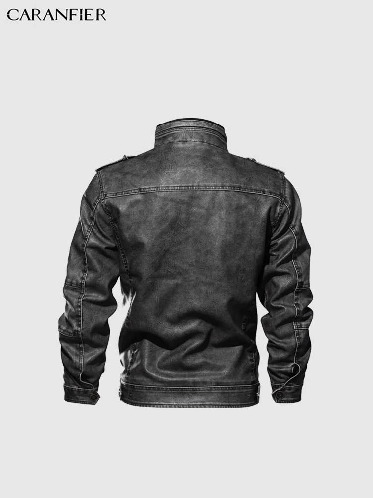 CARANFIER мужские кожаные куртки мотоциклетный стоячий воротник на молнии карманы мужской американский размер пальто из ПУ Байкерская искусственная кожа модная верхняя одежда