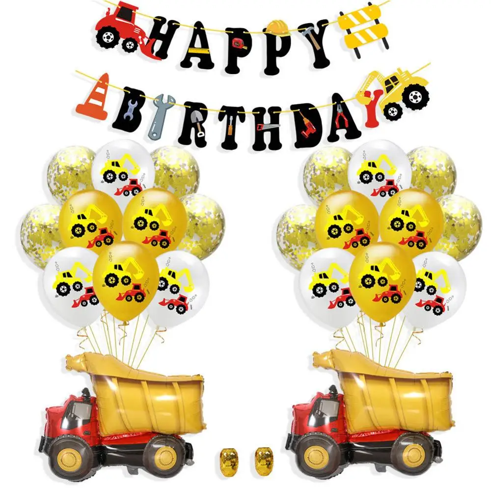 

46pcs Construction Excavator Confetti Balloons Set Gold White Engineering Vehicles Air Balls Birthday Party Decoration Globos