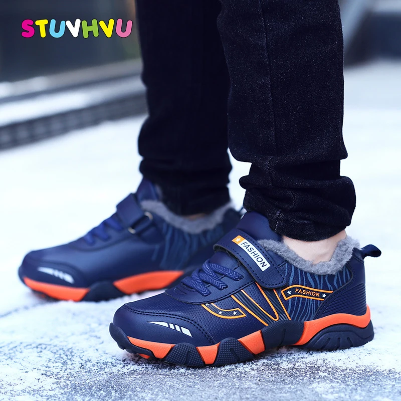 

Winter Children Sport Shoes Boys Sneakers Warm Thicken Plus Velvet Cotton Shoes Waterproof Non-slip Leather Kids Running Shoes