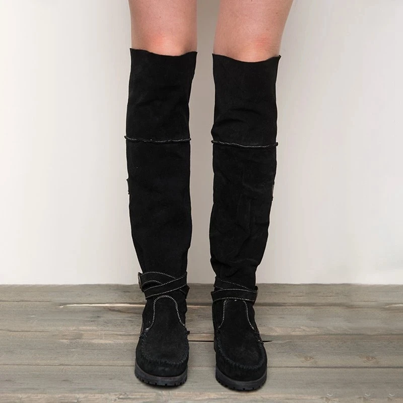 Heflashor/Женские Сапоги выше колена; женские высокие сапоги; зимняя женская обувь на низком каблуке; теплые сапоги с пряжкой и бахромой